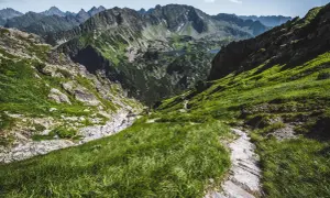 Malownicza dolina Pańszczycy w Tatrach, z zielonymi zboczami, kamienistym szlakiem i skalistymi szczytami w tle.