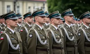 Szeregi żołnierzy w mundurach, z orzełkami na czapkach. Wśród nich młody podporucznik skrót, gotowy do służby.