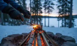 Rękawice i krzesiwo, iskry lecą na rozpałkę. Tak rozpala się ogień kamieniami w zimowy wieczór nad zamarzniętym jeziorem.