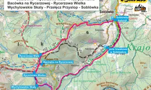 Mapa szlaków turystycznych z zaznaczoną trasą "Soblówka - Rycerzowa Mała - Przełęcz Halna - Bacówka na Rycerzowej - Rycerzowa Wielka - Wychylowskie Skały - Przełęcz Przyslop - Soblówka". Widać tu wielką rycerzową.