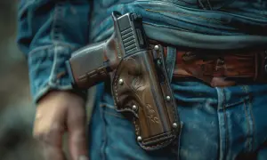 Pistolet w skórzanej kaburze na pasie. Różne rodzaje pozwoleń na broń mogą być potrzebne do posiadania takiego sprzętu.