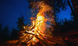 Jasne, oto propozycja:

Nocne ognisko w lesie, iskry tańczą na tle granatowego nieba. Idealne miejsce, by zanocuj w lesie i poczuć magię natury.