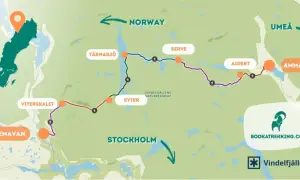 Mapa szlaku Kungsleden w Szwecji, z zaznaczonymi punktami: Hemavan, Vitterskalet, Syter, Tärnasjö, Serve, Aigert, Ammarnäs. Wskazuje drogę do Norwegii i Umeå.
