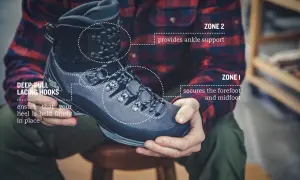 Szary but górski z systemem DEEP-PULL LACING HOOKS, zapewniającym stabilne wiązania butów i wsparcie kostki.