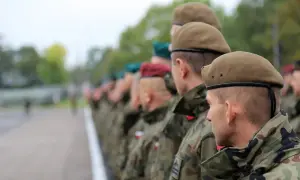 Żołnierze w kamuflażu i beretach stoją w szeregu. To kategoria d wojsko.