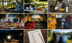 Wszystko, co potrzebne, by spakować się na biwak: namiot, śpiwory, jedzenie, ubrania i latarka.