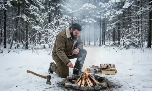 Mężczyzna w zimowym lesie rozpala ognisko, pokazując, jak rozpalic ognisko. Obok siekiera i drewno.