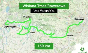 Mapa Wiślanej Trasy Rowerowej Velo Małopolska, 130 km, prowadzącej przez Oświęcim, Zator, Skawinę do Krakowa.