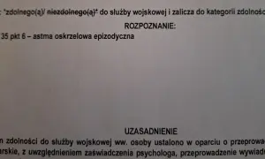 Orzeczenie o niezdolności do służby wojskowej, kategoria wojskowa c. Rozpoznanie: astma oskrzelowa epizodyczna.