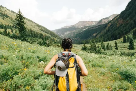 Kobieta z plecakiem wyrusza na trekking przez kwiecistą dolinę, podziwiając górskie krajobrazy.