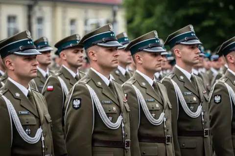 Szeregi żołnierzy w mundurach, z orzełkami na czapkach. Wśród nich młody podporucznik skrót, gotowy do służby.