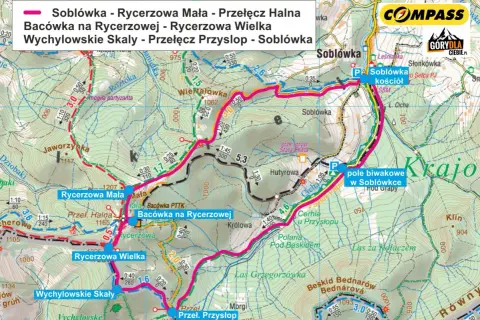 Mapa szlaków turystycznych z zaznaczoną trasą "Soblówka - Rycerzowa Mała - Przełęcz Halna - Bacówka na Rycerzowej - Rycerzowa Wielka - Wychylowskie Skały - Przełęcz Przyslop - Soblówka". Widać tu wielką rycerzową.