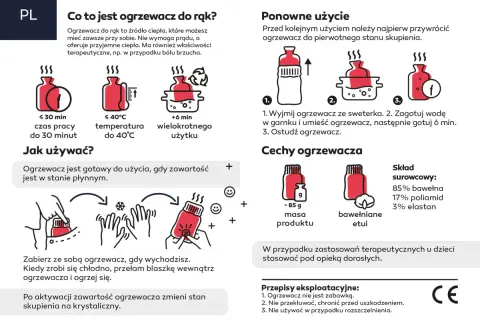 Ogrzewacz do rąk z blaszką: po przełamaniu aktywuje się, zmieniając stan skupienia i dając ciepło. Wielokrotnego użytku.