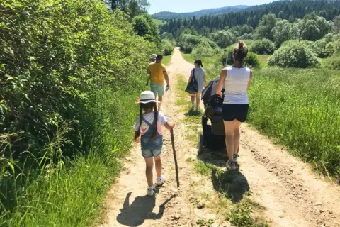 Rodzina spaceruje po górskiej ścieżce w Beskidach. Dziecko z patykiem idzie przodem, a za nim rodzice z wózkiem.