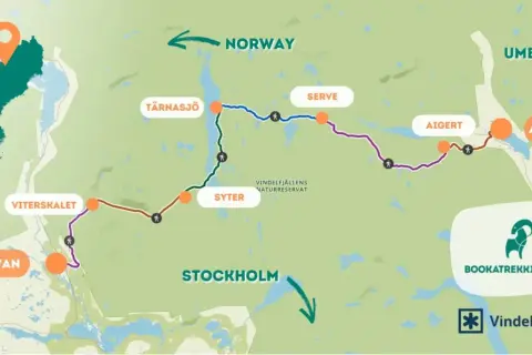 Mapa szlaku Kungsleden w Szwecji, z zaznaczonymi punktami: Hemavan, Vitterskalet, Syter, Tärnasjö, Serve, Aigert, Ammarnäs. Wskazuje drogę do Norwegii i Umeå.