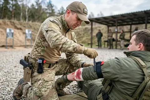 Żołnierz zakłada stazę taktyczną na ramię rannego kolegi na poligonie. To kluczowy element pierwszej pomocy.