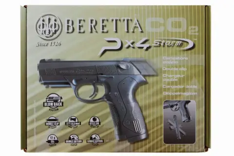 Pudełko z pistoletem Beretta CX4 Storm na CO2. Widoczny pistolet, logo Beretta i cechy produktu, jak podwójny magazynek.