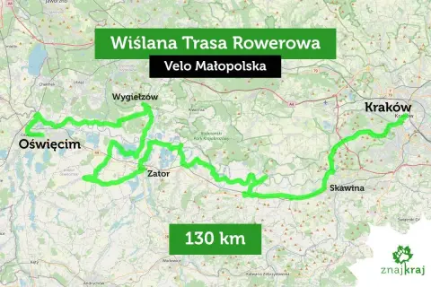 Mapa Wiślanej Trasy Rowerowej Velo Małopolska, 130 km, prowadzącej przez Oświęcim, Zator, Skawinę do Krakowa.