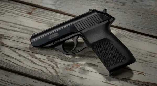 Czarny pistolet gazowy P.M.G.-23 leży na zniszczonej drewnianej desce. Do posiadania broni gazowej wymagane jest pozwolenie.