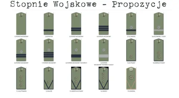 Ilustracja pokazuje stopnie wojskowe, w tym stopień kapitana (Hauptmann).