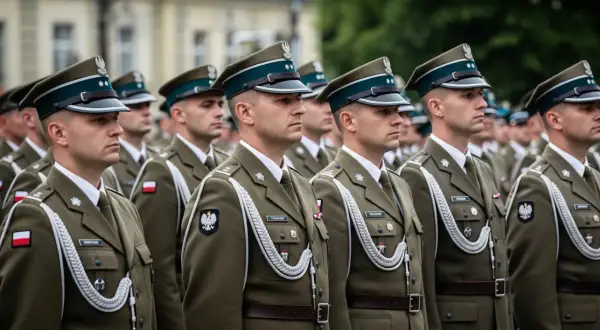 Szeregi żołnierzy w mundurach, z orzełkami na czapkach. Wśród nich młody podporucznik skrót, gotowy do służby.