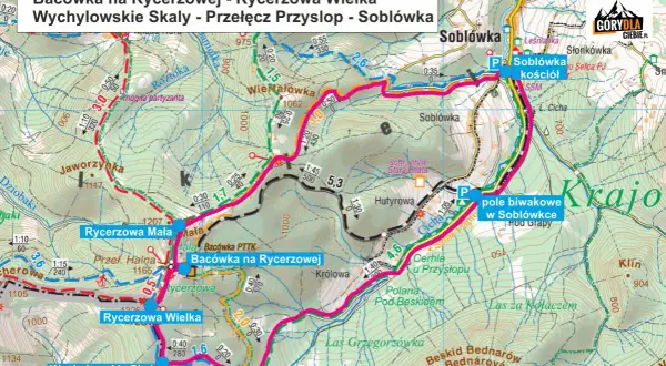 Mapa szlaków turystycznych z zaznaczoną trasą "Soblówka - Rycerzowa Mała - Przełęcz Halna - Bacówka na Rycerzowej - Rycerzowa Wielka - Wychylowskie Skały - Przełęcz Przyslop - Soblówka". Widać tu wielką rycerzową.