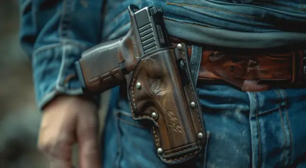 Pistolet w skórzanej kaburze na pasie. Różne rodzaje pozwoleń na broń mogą być potrzebne do posiadania takiego sprzętu.