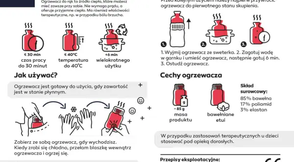 Ogrzewacz do rąk z blaszką: po przełamaniu aktywuje się, zmieniając stan skupienia i dając ciepło. Wielokrotnego użytku.
