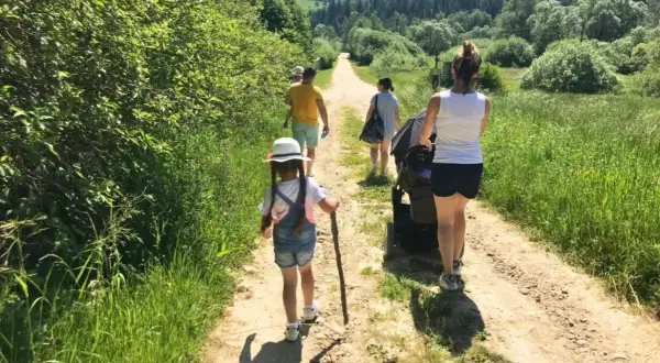 Rodzina spaceruje po górskiej ścieżce w Beskidach. Dziecko z patykiem idzie przodem, a za nim rodzice z wózkiem.