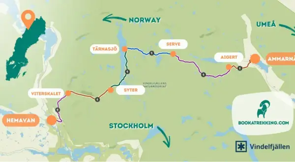 Mapa szlaku Kungsleden w Szwecji, z zaznaczonymi punktami: Hemavan, Vitterskalet, Syter, Tärnasjö, Serve, Aigert, Ammarnäs. Wskazuje drogę do Norwegii i Umeå.