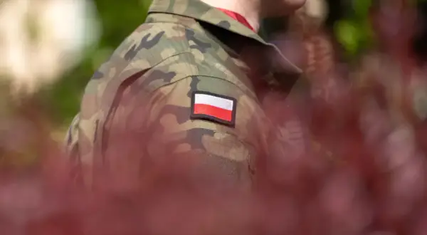 Żołnierz w mundurze z polską flagą. W tle zamazane liście. Rozważane są choroby dyskwalifikujące ze służby wojskowej.