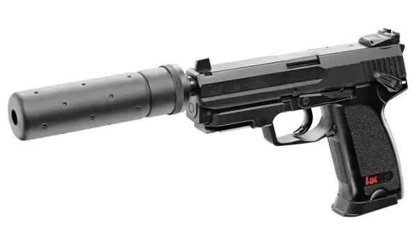 Pistolet USP Tactical z tłumikiem, gotowy do budowy broni.