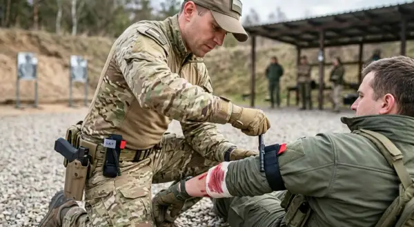 Żołnierz zakłada stazę taktyczną na ramię rannego kolegi na poligonie. To kluczowy element pierwszej pomocy.