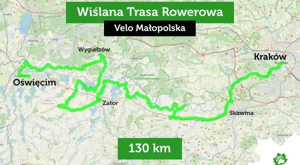 Mapa Wiślanej Trasy Rowerowej Velo Małopolska, 130 km, prowadzącej przez Oświęcim, Zator, Skawinę do Krakowa.