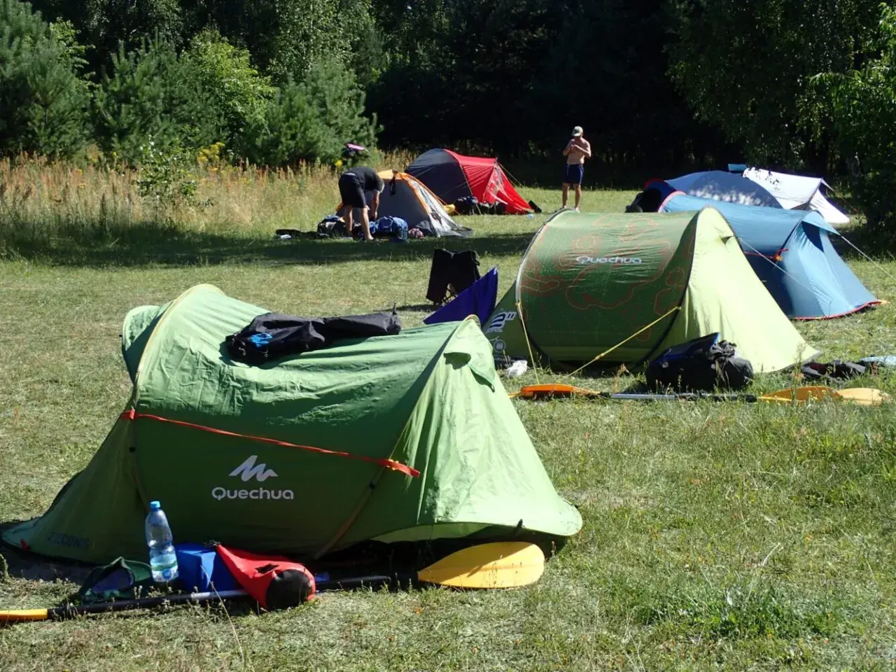 Zielony namiot Quechua, kilka innych rozstawionych na łące. Idealne miejsce, gdzie można rozbić namiot na dziko.