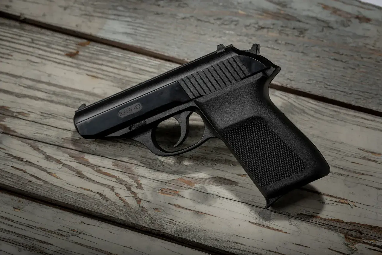 Czarny pistolet gazowy P.M.G.-23 leży na zniszczonej drewnianej desce. Do posiadania broni gazowej wymagane jest pozwolenie.