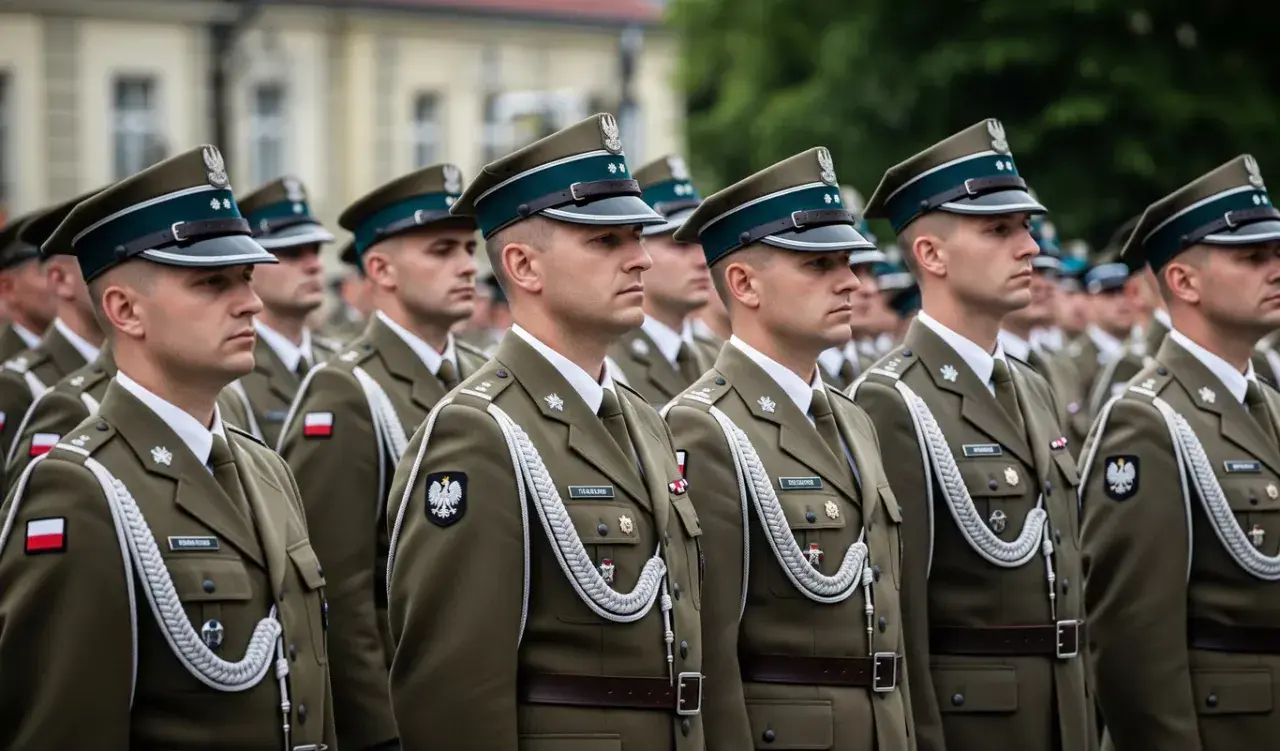 Szeregi żołnierzy w mundurach, z orzełkami na czapkach. Wśród nich młody podporucznik skrót, gotowy do służby.