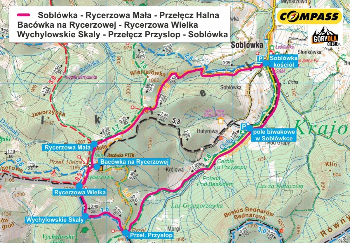 Mapa szlaków turystycznych z zaznaczoną trasą "Soblówka - Rycerzowa Mała - Przełęcz Halna - Bacówka na Rycerzowej - Rycerzowa Wielka - Wychylowskie Skały - Przełęcz Przyslop - Soblówka". Widać tu wielką rycerzową.