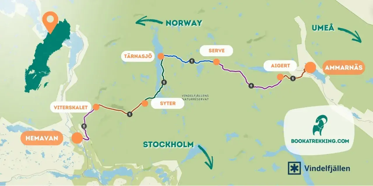Mapa szlaku Kungsleden w Szwecji, z zaznaczonymi punktami: Hemavan, Vitterskalet, Syter, Tärnasjö, Serve, Aigert, Ammarnäs. Wskazuje drogę do Norwegii i Umeå.