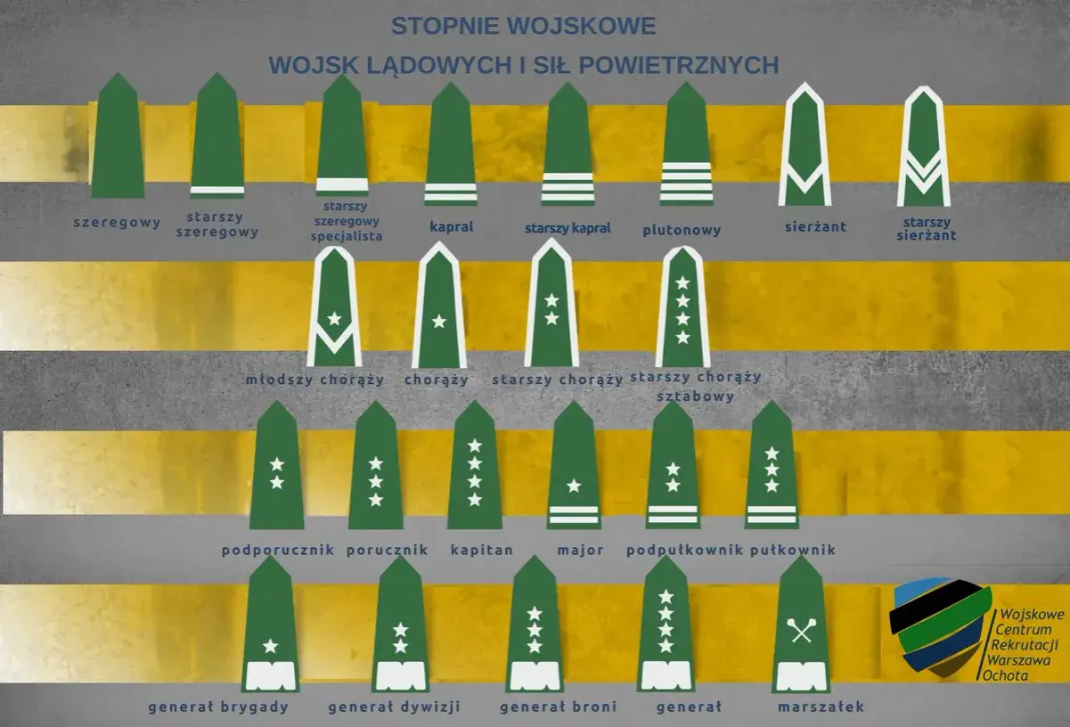 Stopnie wojskowe Ukrainy: od szeregowego do marszałka. Ilustracja przedstawia hierarchię i oznaczenia stopni w wojsku.
