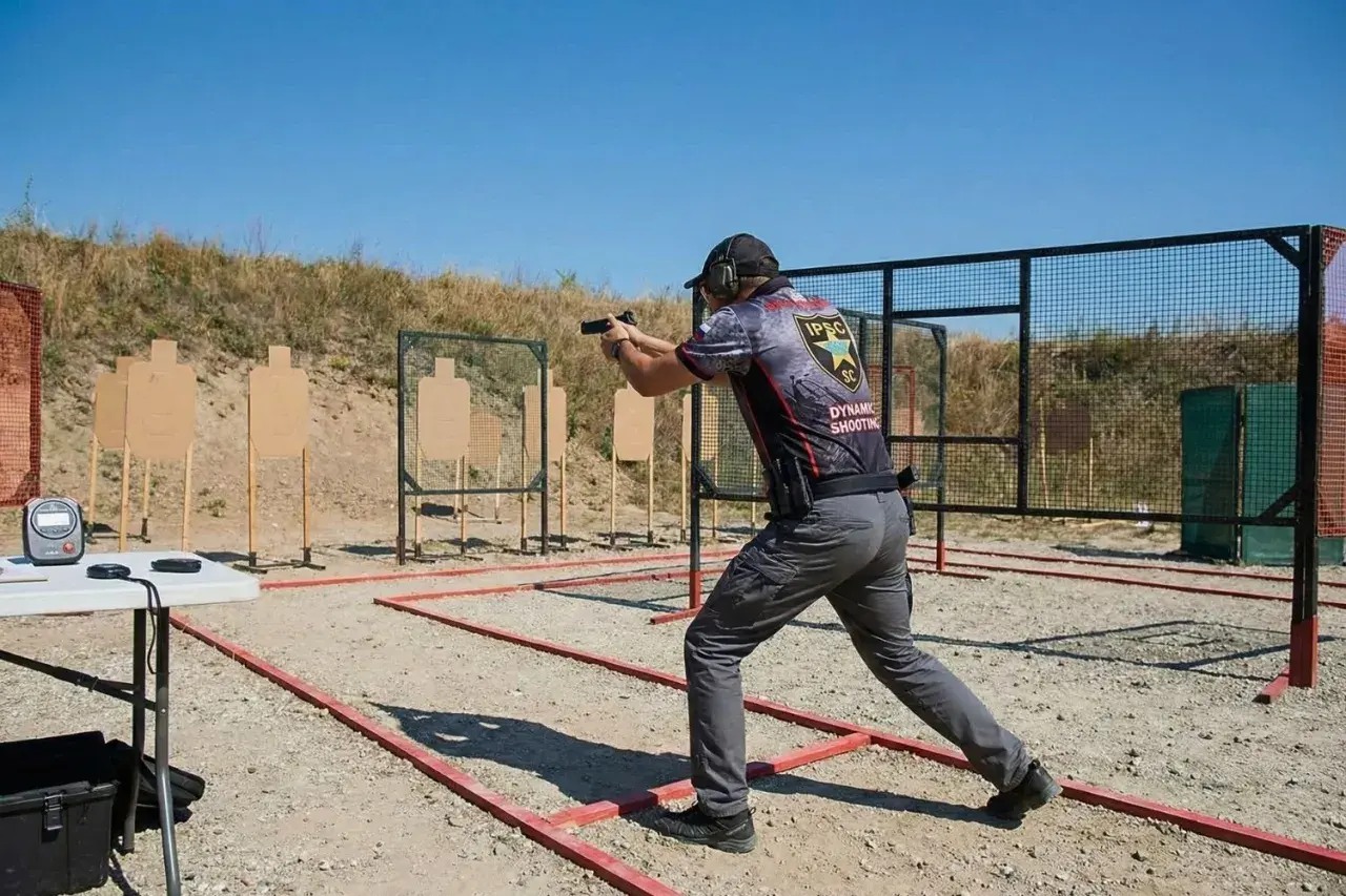 Strzelec w dynamicznej postawie na strzelnicy IPSC. To właśnie ipsc co to jest – sportowe strzelanie dynamiczne.