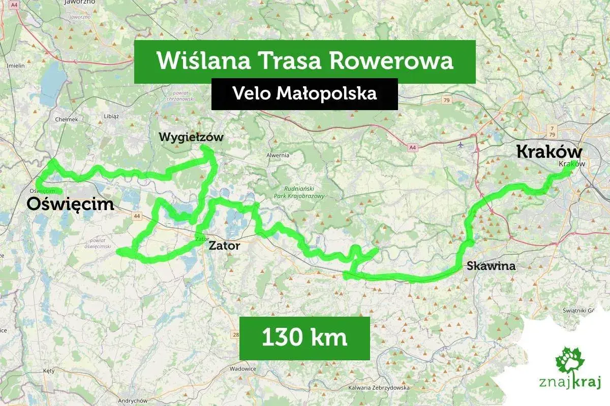 Mapa Wiślanej Trasy Rowerowej Velo Małopolska, 130 km, prowadzącej przez Oświęcim, Zator, Skawinę do Krakowa.