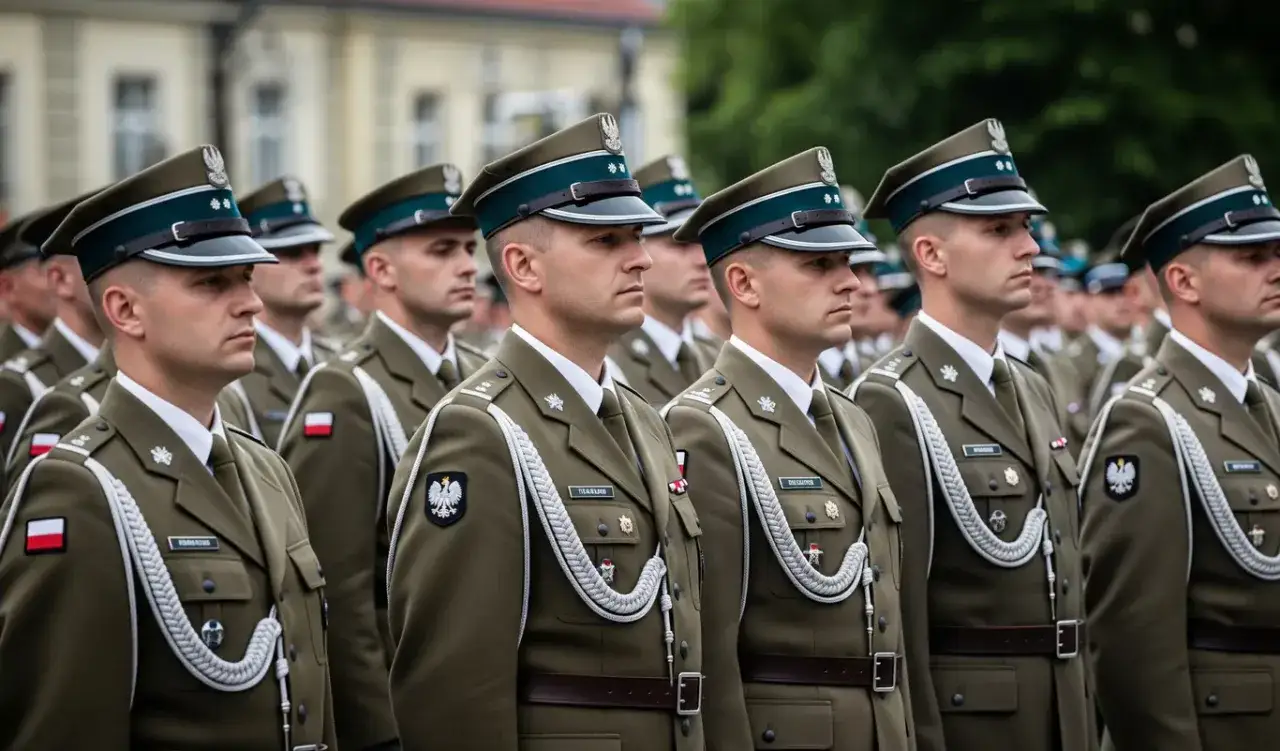 Żołnierze w mundurach, z widocznymi stopniami wojskowymi kapitan, stoją w szeregu podczas uroczystości.