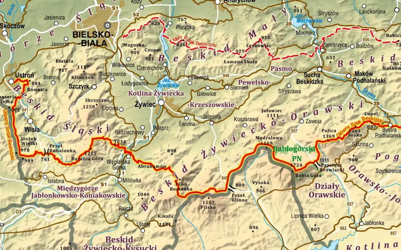 Mapa szlaku GSB, pokazująca trasę i punkty na Głównym Szlaku Beskidzkim.