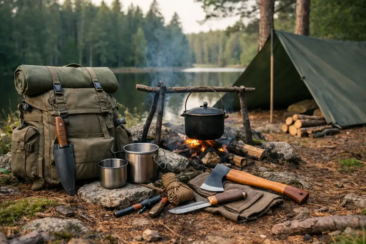 Ob&oacute;z survivalowy nad jeziorem: plecak, namiot, ognisko z kociołkiem, siekiera, n&oacute;ż, lina. To jest survival co to znaczy w praktyce.
