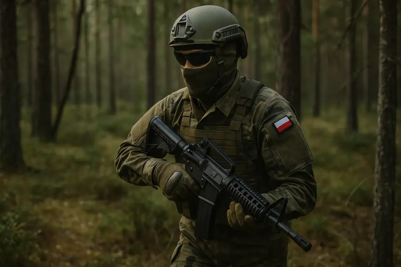 Żołnierz w lesie z karabinem ASG, w pełnym umundurowaniu i z polską flagą na ramieniu. Od ilu lat jest ASG?