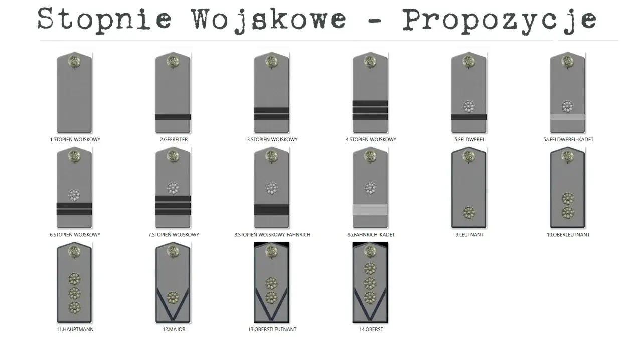 Kolekcja proponowanych stopni wojskowych, od najniższych do najwyższych, z widocznymi naszywkami i oznaczeniami.