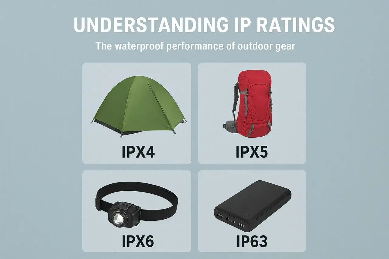 Namiot (IPX4) chroni przed bryzgami wody. Plecak (IPX5) przed strumieniem. Latarka czołowa (IPX6) i powerbank (IP63) przed silnym strumieniem i zanurzeniem.