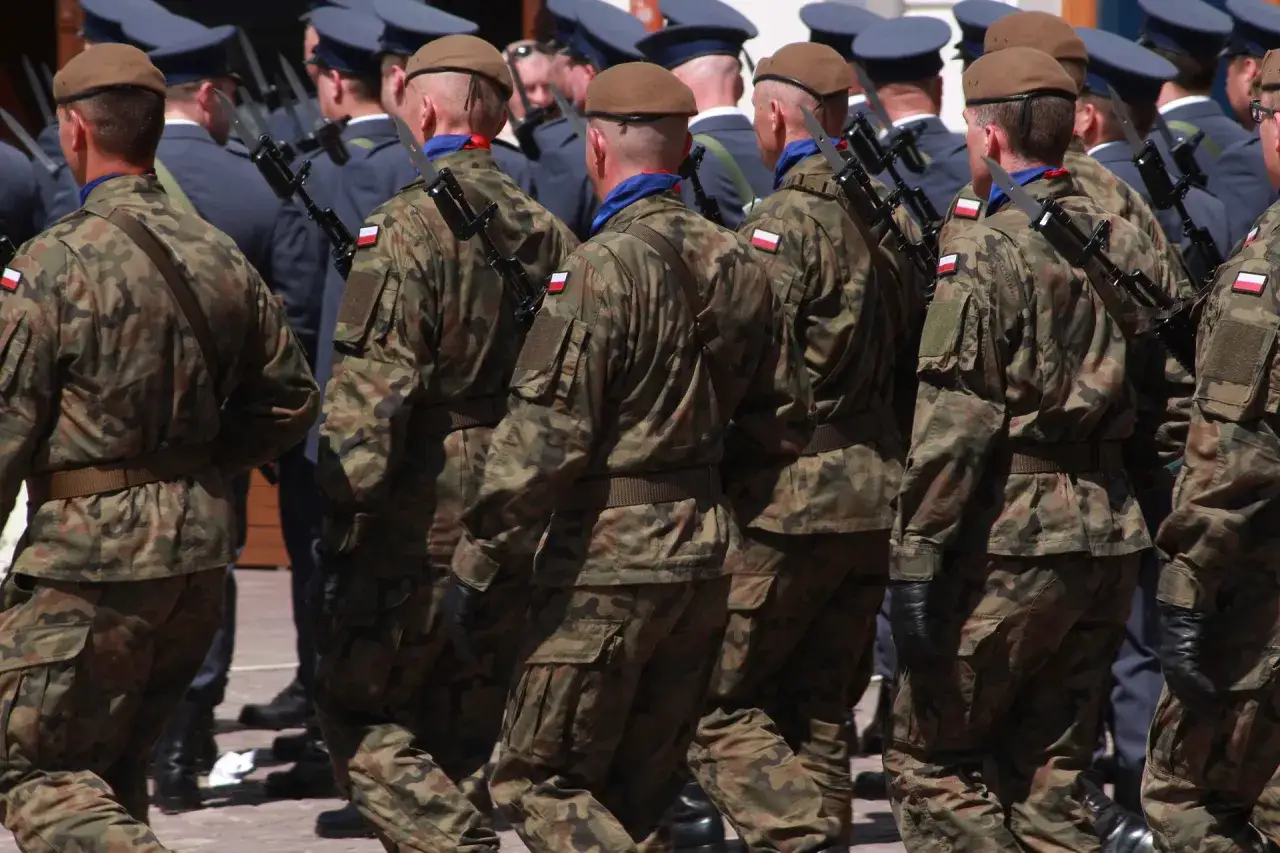 Żołnierze w kamuflażu, prezentujący różne rodzaje mundurów wojskowych, z karabinami i bagnetami.