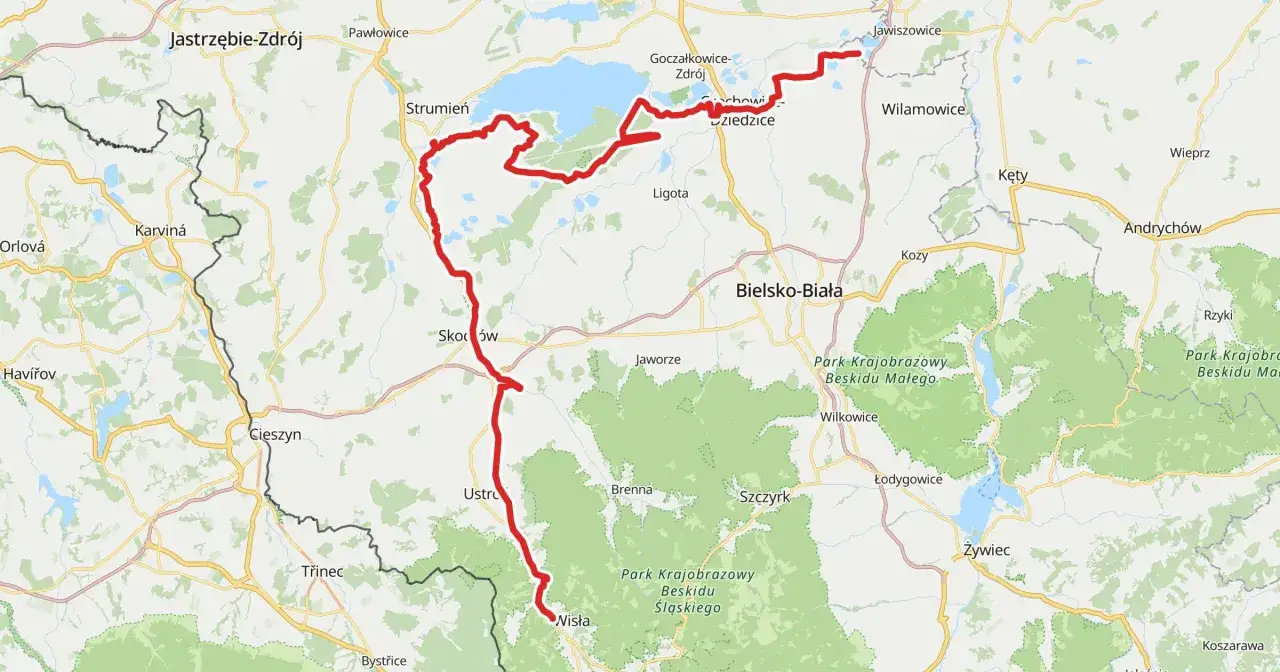 Mapa z zaznaczoną czerwoną wtr trasą, biegnącą od Jastrzębia-Zdroju przez Jezioro Goczałkowickie, Bielsko-Białą, aż po Beskid Śląski.